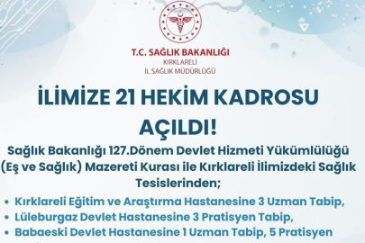 Kırklareli'ne 21 Hekim Kadrosu Tahsis Edildi